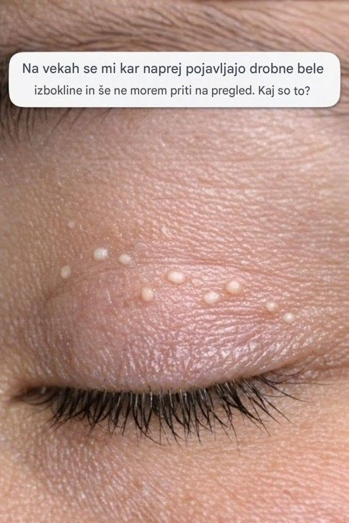 Na mojih vekah se nenehno pojavljajo drobne bele izbokline in še ne morem priti na pregled. Kaj so to? Drobne bele izbokline, ki se pojavljajo na vekah, so lahko zavajajoča in moteča težava. Čeprav so pogosto neškodljive, lahko povzročijo nelagodje ali zadrego, negotovost glede njihove narave pa lahko vodi v tesnobo. Žal je lahko pravočasen obisk dermatologa ali oftalmologa izziv, zaradi česar ste v negotovosti. V tem članku bomo raziskali, kaj bi lahko bile te drobne bele izbokline, zakaj nastanejo in kako jih lahko obravnavate, medtem ko čakate na pregled pri zdravstvenem delavcu. Obravnavali bomo tudi razlike med temi izboklinami in drugimi pogostimi težavami z vekami, kot sta ječmen in kalazija, ter podali nasvete o preprečevanju in varni negi na domu. 1. Kaj so običajno drobne bele izbokline na vekah Drobne bele izbokline na vekah so najpogosteje znane kot milie. Milie so majhne, ​​s keratinom napolnjene ciste, ki se oblikujejo tik pod površino kože. Običajno so velike od 1 do 2 milimetra in imajo biserno bel videz. Za razliko od aken milij ne povzročajo zamašene pore ali bakterijske okužbe. Milije se lahko pojavijo v kateri koli starosti in so še posebej pogoste pri novorojenčkih. Lahko pa se razvijejo tudi pri odraslih, zlasti okoli oči, kjer je koža občutljiva in tanka. Običajno so neškodljive in niso povezane z nobenim osnovnim zdravstvenim stanjem. 2. Milije 101: Zakaj se te majhne ciste oblikujejo okoli oči Milije nastanejo, ko se odmrle kožne celice ujamejo v majhne žepke blizu površine kože, namesto da bi se naravno luščile. Ta ujeti keratin postane drobna cista. Nastanek milij ni povsem razumljen, vendar velja, da je povezan s poškodbami kože, na primer zaradi izpostavljenosti soncu ali uporabe močnih izdelkov za nego kože, ki lahko zamašijo površino kože. Predel okoli oči je še posebej nagnjen k milijam, ker je koža tanjša in bolj občutljiva na okoljske poškodbe in kopičenje izdelkov. Ljudje, ki uporabljajo goste kreme ali močno ličilo okoli oči brez ustreznega čiščenja, so lahko bolj dovzetni za razvoj milij. 3. Kako ločiti milije od ječmena, halaziona ali belih ogrc Razlikovanje milij od drugih stanj vek je bistvenega pomena za pravilno zdravljenje. Milije so čvrste, bele in neboleče izbokline, ki se ne spreminjajo bistveno po velikosti. Čmiček pa je rdeča, boleča bulica blizu roba veke, ki jo povzroči okužba oljnice. Čmički so pogosto občutljivi na dotik in lahko povzročijo otekanje veke. Halazij je podoben čmičku, vendar je običajno večji, manj boleč in se pojavi dlje zadaj na veki. Halazije nastanejo zaradi zamašene oljnice in se lahko dlje časa razrešijo. Bele mozolje so za razliko od milij mehke, napolnjene z gnojem in pogosto del izbruhov aken.