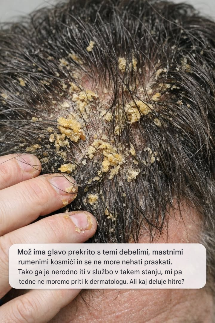Mož ima glavo prekrito s temi debelimi, mastnimi rumenimi kosmiči in se ne more nehati praskati. Tako ga je nerodno iti v službo v takem stanju, mi pa tedne ne moremo priti k dermatologu. Doe